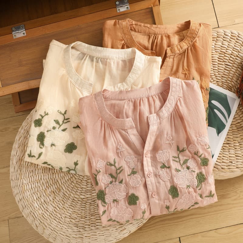 Buddha Stones Casual Women's Flowers Green Leaves Embroidery Pattern V-Neck Design Half Sleeve Cotton Linen Shirt - image 24