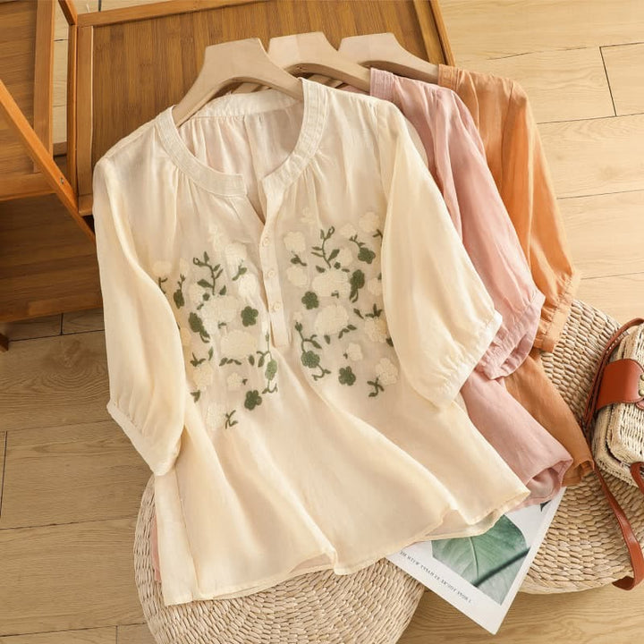 Buddha Stones Casual Women's Flowers Green Leaves Embroidery Pattern V-Neck Design Half Sleeve Cotton Linen Shirt - image 23