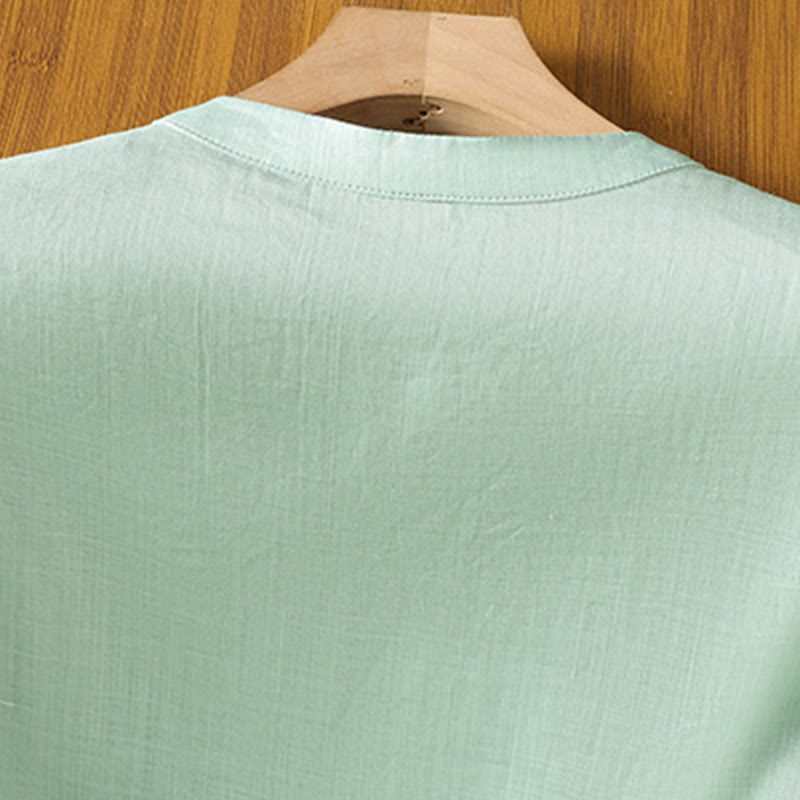 Buddha Stones Casual Women's Flowers Leaves Embroidery Pattern Frog-Button Crew Neck Design Half Sleeve Cotton Linen Shirt