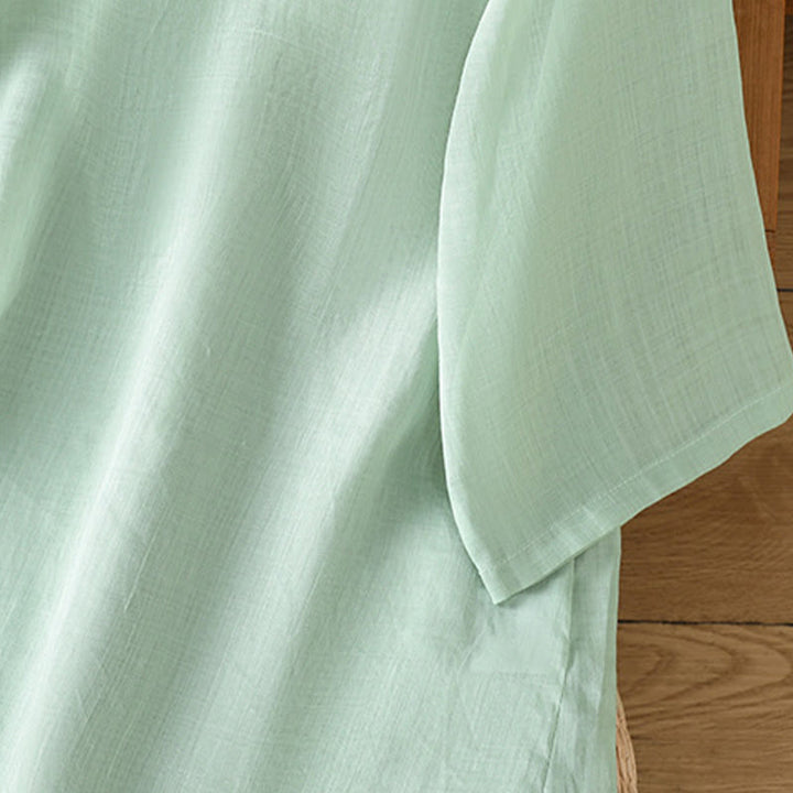 Buddha Stones Casual Women's Flowers Leaves Embroidery Pattern Frog-Button Crew Neck Design Half Sleeve Cotton Linen Shirt