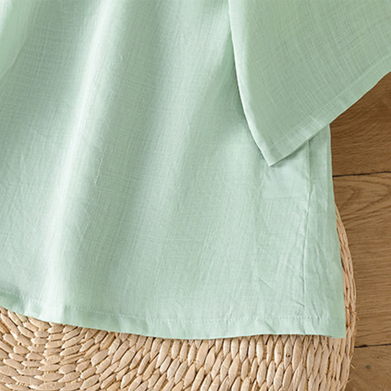 Buddha Stones Casual Women's Flowers Leaves Embroidery Pattern Frog-Button Crew Neck Design Half Sleeve Cotton Linen Shirt