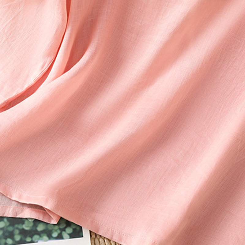 Buddha Stones Casual Women's Flowers Leaves Embroidery Pattern Frog-Button Crew Neck Design Half Sleeve Cotton Linen Shirt