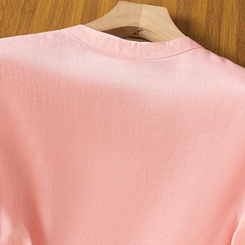 Buddha Stones Casual Women's Flowers Leaves Embroidery Pattern Frog-Button Crew Neck Design Half Sleeve Cotton Linen Shirt