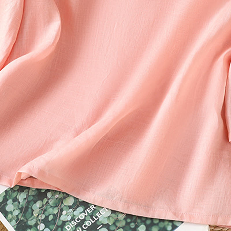 Buddha Stones Casual Women's Flowers Leaves Embroidery Pattern Frog-Button Crew Neck Design Half Sleeve Cotton Linen Shirt