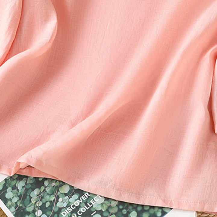 Buddha Stones Casual Women's Flowers Leaves Embroidery Pattern Frog-Button Crew Neck Design Half Sleeve Cotton Linen Shirt