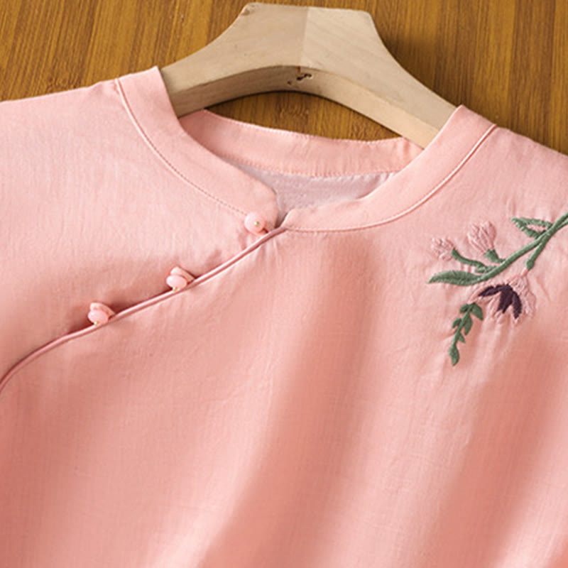 Buddha Stones Casual Women's Flowers Leaves Embroidery Pattern Frog-Button Crew Neck Design Half Sleeve Cotton Linen Shirt