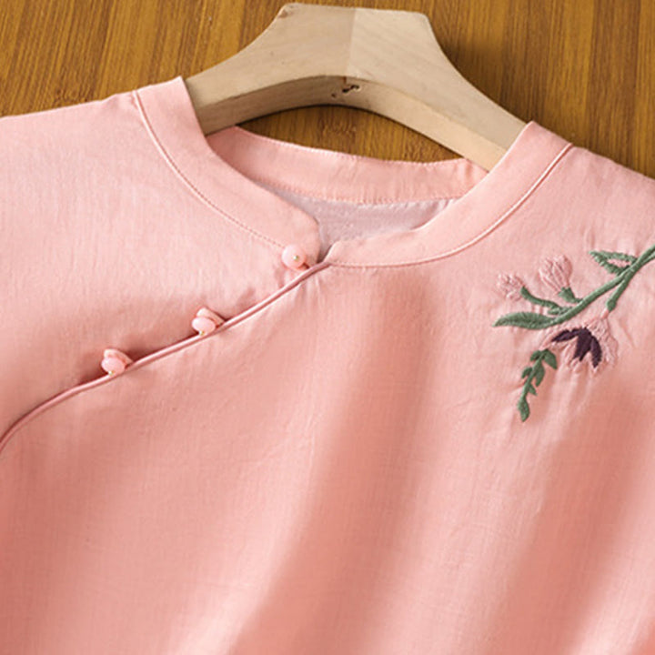 Buddha Stones Casual Women's Flowers Leaves Embroidery Pattern Frog-Button Crew Neck Design Half Sleeve Cotton Linen Shirt