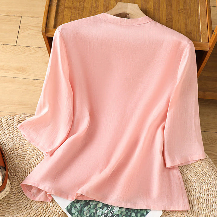 Buddha Stones Casual Women's Flowers Leaves Embroidery Pattern Frog-Button Crew Neck Design Half Sleeve Cotton Linen Shirt