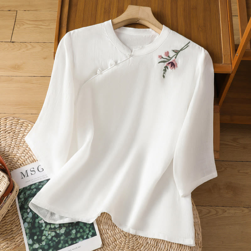 Buddha Stones Casual Women's Flowers Leaves Embroidery Pattern Frog-Button Crew Neck Design Half Sleeve Cotton Linen Shirt