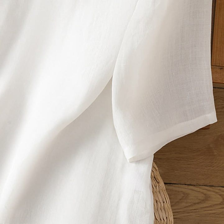 Buddha Stones Casual Women's Flowers Leaves Embroidery Pattern Frog-Button Crew Neck Design Half Sleeve Cotton Linen Shirt