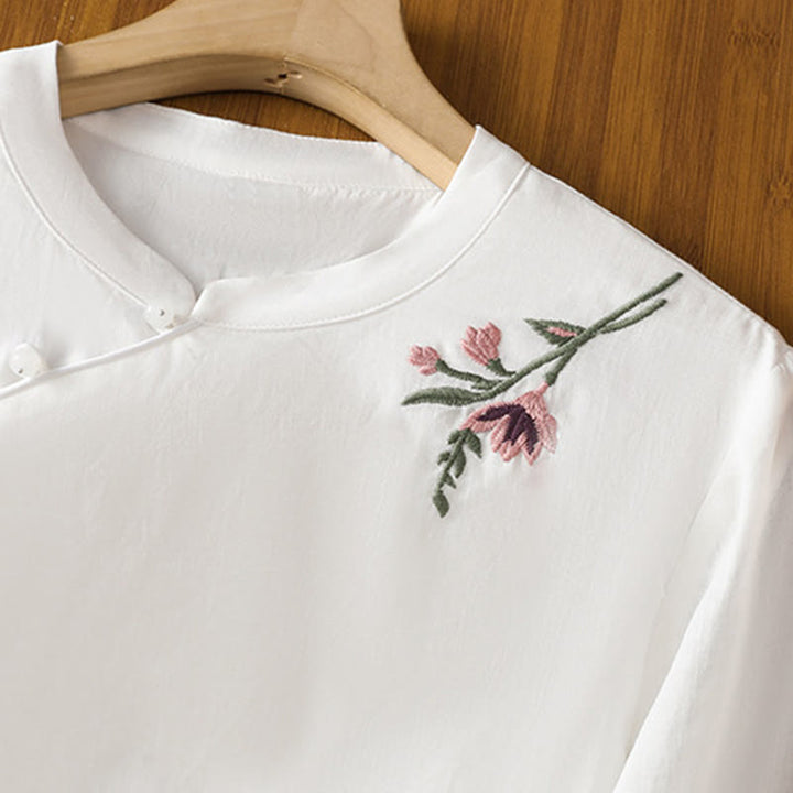 Buddha Stones Casual Women's Flowers Leaves Embroidery Pattern Frog-Button Crew Neck Design Half Sleeve Cotton Linen Shirt