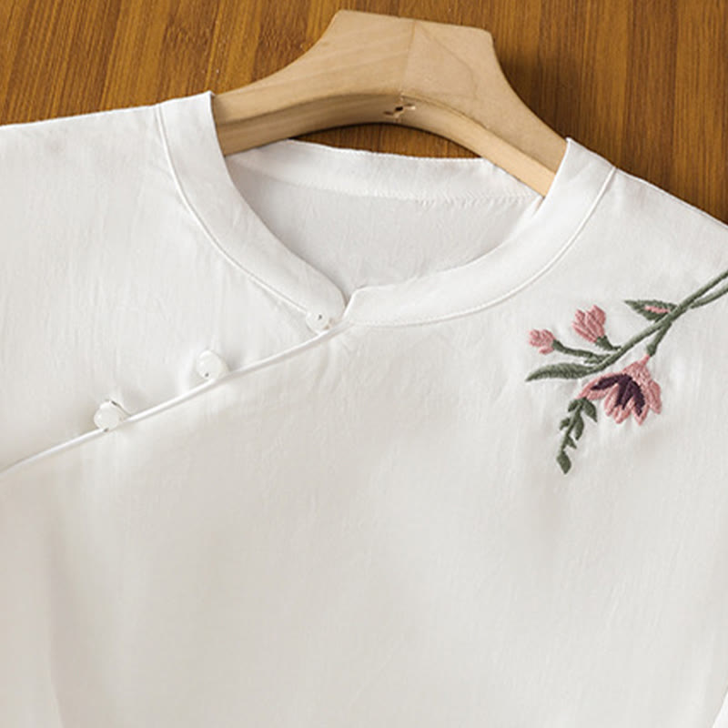 Buddha Stones Casual Women's Flowers Leaves Embroidery Pattern Frog-Button Crew Neck Design Half Sleeve Cotton Linen Shirt