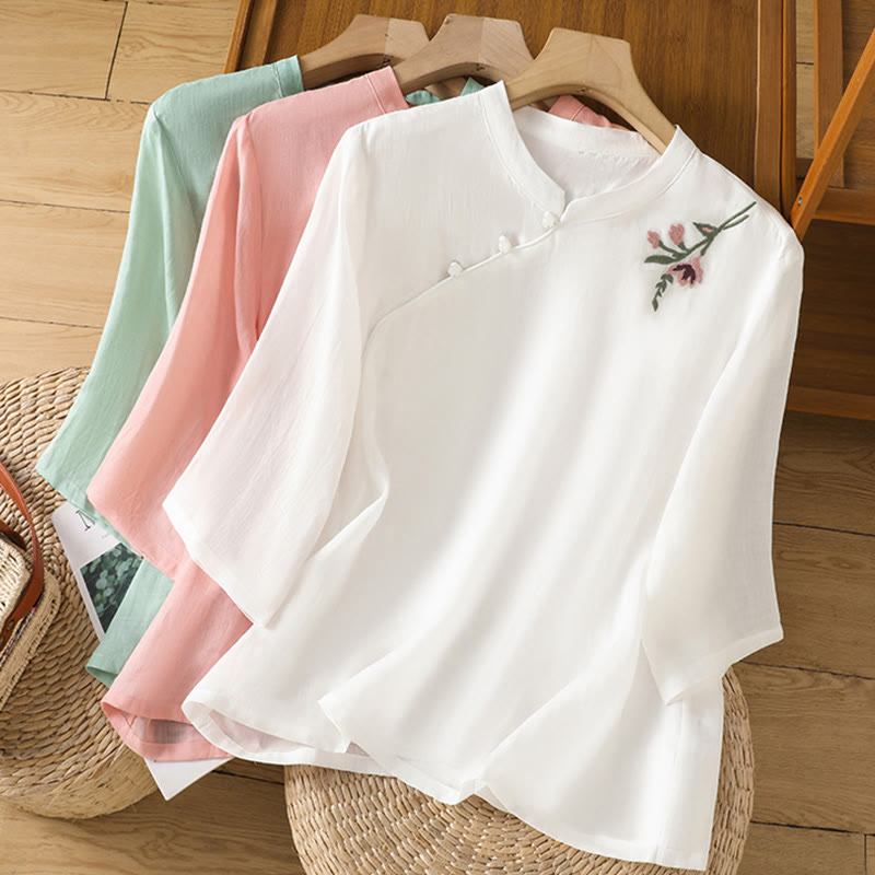 Buddha Stones Casual Women's Flowers Leaves Embroidery Pattern Frog-Button Crew Neck Design Half Sleeve Cotton Linen Shirt