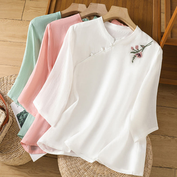 Buddha Stones Casual Women's Flowers Leaves Embroidery Pattern Frog-Button Crew Neck Design Half Sleeve Cotton Linen Shirt