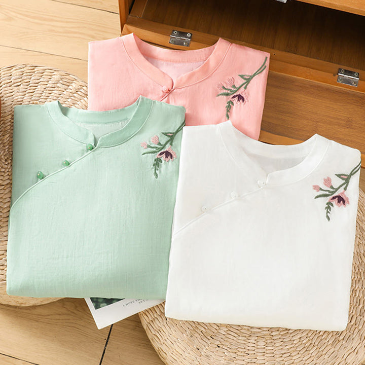 Buddha Stones Casual Women's Flowers Leaves Embroidery Pattern Frog-Button Crew Neck Design Half Sleeve Cotton Linen Shirt