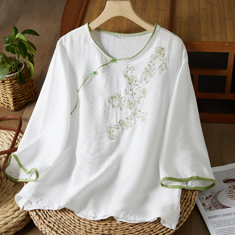 Buddha Stones Casual Women's Flowers Embroidery Pattern Frog-button Slanted Collar Design Three Quarter Sleeve Cotton Linen Shirt - White - US12,UK/AU16,EU44 (3XL) - image 0