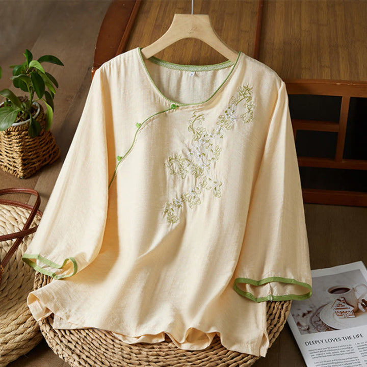 Buddha Stones Casual Women's Flowers Embroidery Pattern Frog-button Slanted Collar Design Three Quarter Sleeve Cotton Linen Shirt - PapayaWhip - US12,UK/AU16,EU44 (3XL) - image 6