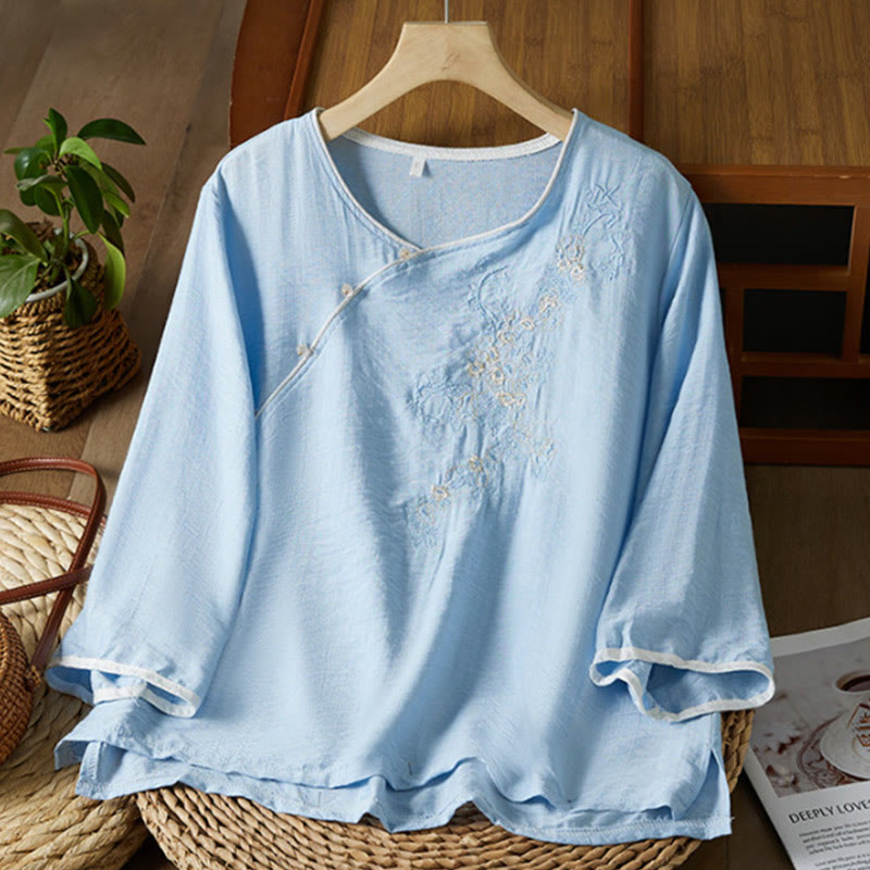 Buddha Stones Casual Women's Flowers Embroidery Pattern Frog-button Slanted Collar Design Three Quarter Sleeve Cotton Linen Shirt - LightSkyBlue - US12,UK/AU16,EU44 (3XL) - image 12