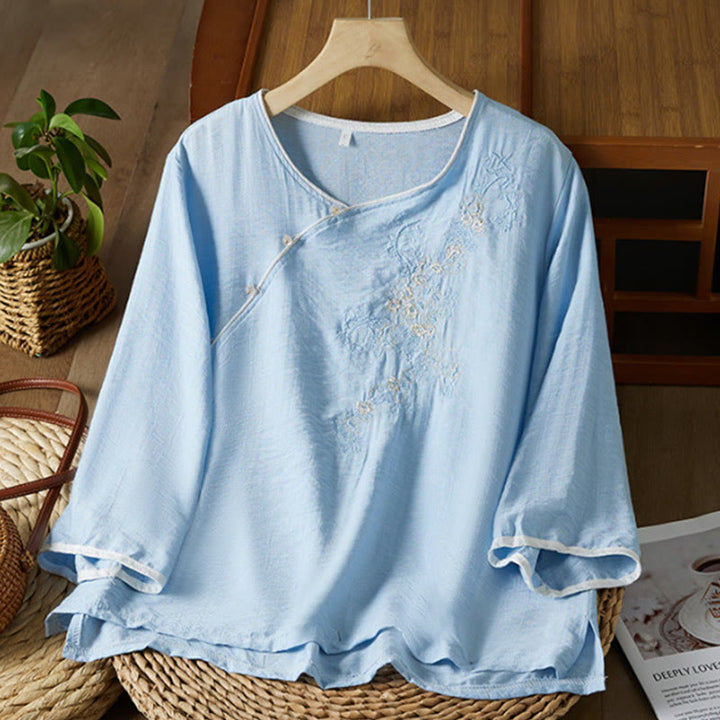 Buddha Stones Casual Women's Flowers Embroidery Pattern Frog-button Slanted Collar Design Three Quarter Sleeve Cotton Linen Shirt - LightSkyBlue - US12,UK/AU16,EU44 (3XL) - image 12