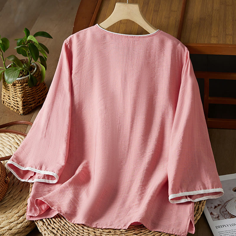 Buddha Stones Casual Women's Flowers Embroidery Pattern Frog-button Slanted Collar Design Three Quarter Sleeve Cotton Linen Shirt - image 19