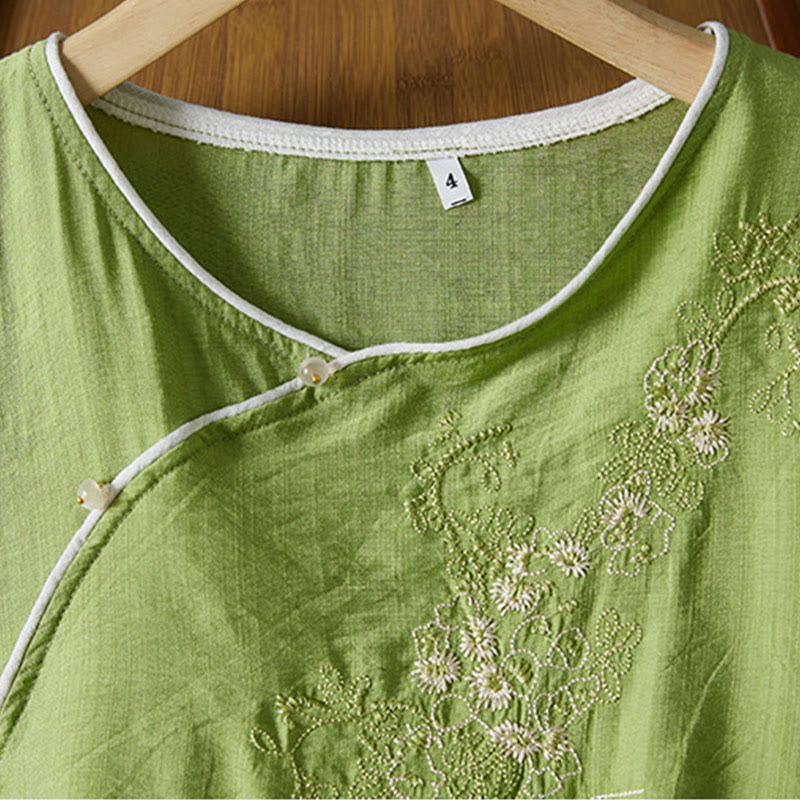 Buddha Stones Casual Women's Flowers Embroidery Pattern Frog-button Slanted Collar Design Three Quarter Sleeve Cotton Linen Shirt - image 29