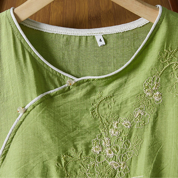 Buddha Stones Casual Women's Flowers Embroidery Pattern Frog-button Slanted Collar Design Three Quarter Sleeve Cotton Linen Shirt - image 29