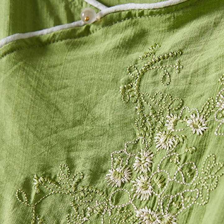 Buddha Stones Casual Women's Flowers Embroidery Pattern Frog-button Slanted Collar Design Three Quarter Sleeve Cotton Linen Shirt - image 27