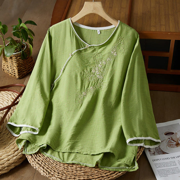 Buddha Stones Casual Women's Flowers Embroidery Pattern Frog-button Slanted Collar Design Three Quarter Sleeve Cotton Linen Shirt - YellowGreen - US12,UK/AU16,EU44 (3XL) - image 25