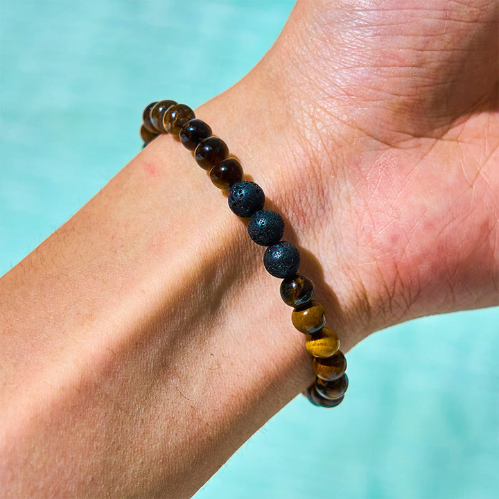 Buddha Stones 3Pcs Tiger Eye Lava Rock Protection Bracelet Set