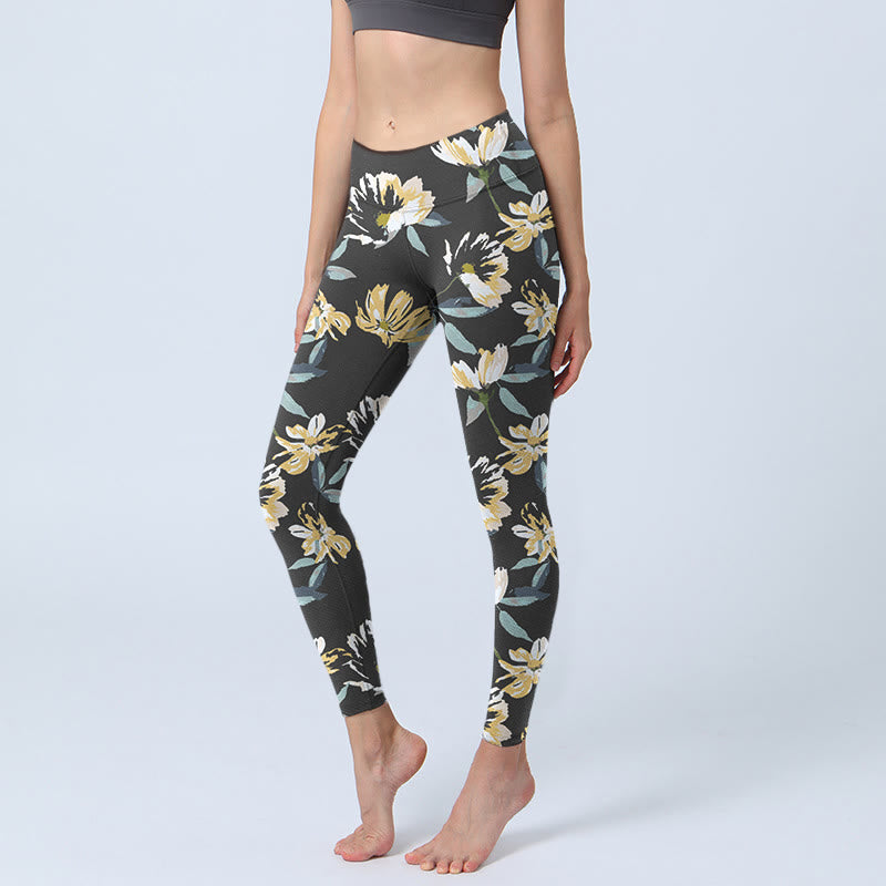 Buddha Stones Yellow White Flower Pattern Print Gym Leggings Women's Yoga Pants - Black - US18,UK/AU22,EU50 (4XL) - image 1