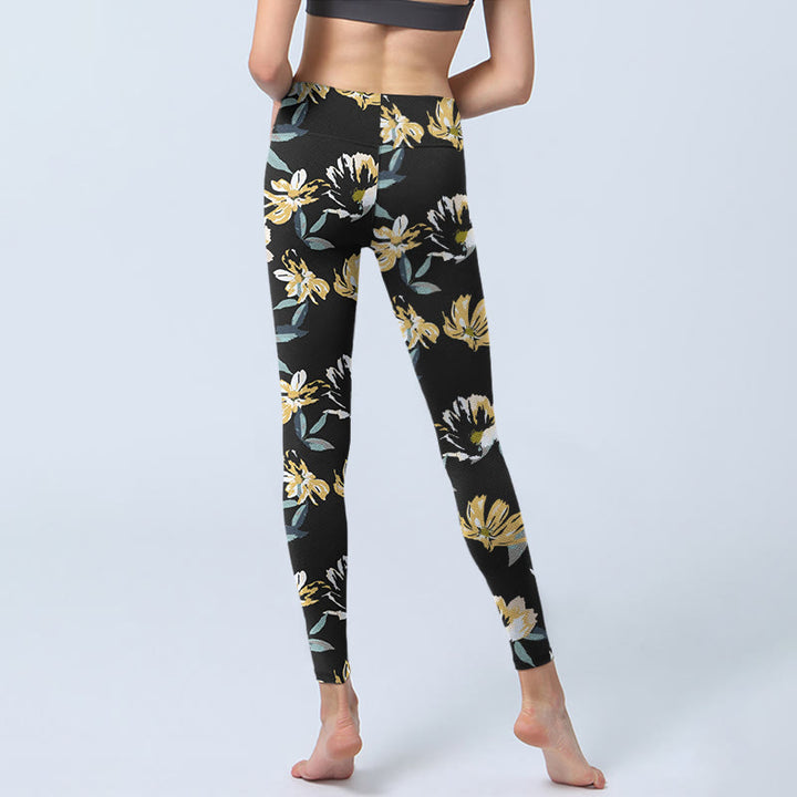 Buddha Stones Yellow White Flower Pattern Print Gym Leggings Women's Yoga Pants - image 7