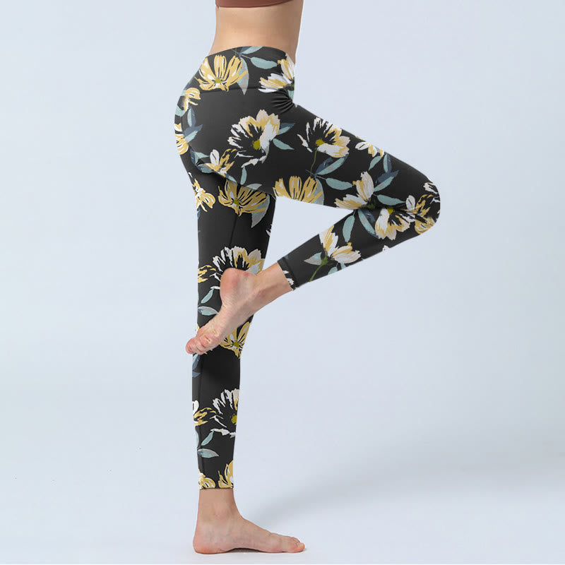 Buddha Stones Yellow White Flower Pattern Print Gym Leggings Women's Yoga Pants - image 5