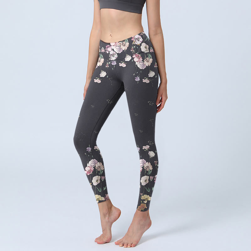 Buddha Stones Pansy Flower Pattern Print Gym Leggings Women's Yoga Pants - Black - US18,UK/AU22,EU50 (4XL) - image 1