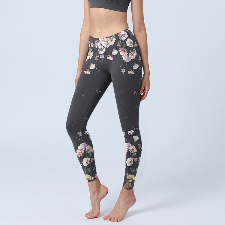 Buddha Stones Pansy Flower Pattern Print Gym Leggings Women's Yoga Pants - Black - US18,UK/AU22,EU50 (4XL) - image 1