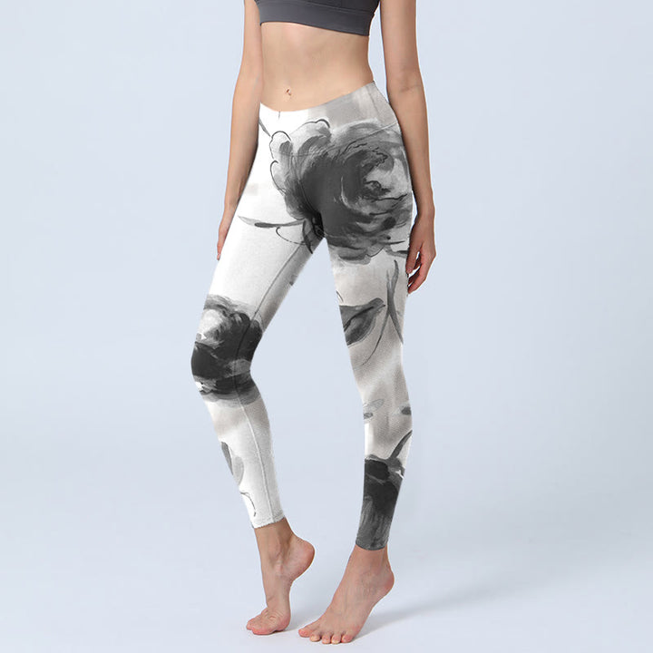 Buddha Stones Watercolor Rose Pattern Print Gym Leggings Women's Yoga Pants - White - US18,UK/AU22,EU50 (4XL) - image 1