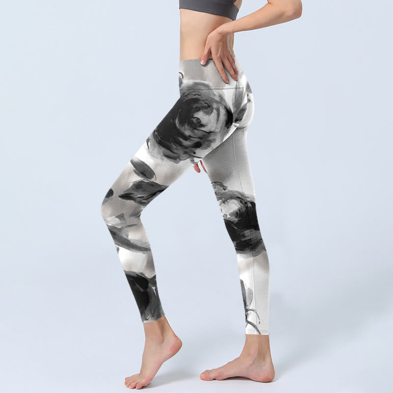 Buddha Stones Watercolor Rose Pattern Print Gym Leggings Women's Yoga Pants - image 3