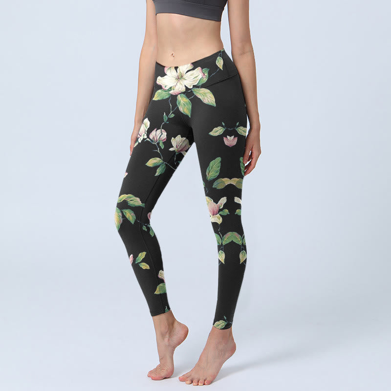 Buddha Stones Magnolia Flower Pattern Print Gym Leggings Women's Yoga Pants - Black - US18,UK/AU22,EU50 (4XL) - image 1