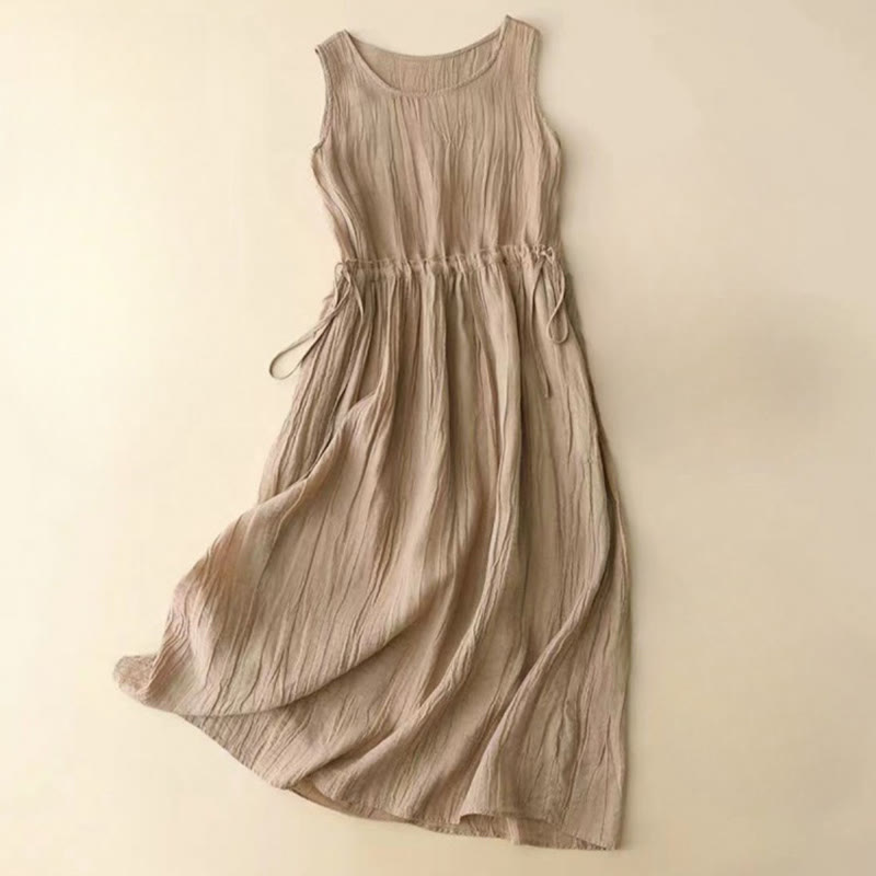 Buddha Stones Casual Plain Handmade Drawstring Waist Midi Dress Acrylic Sleeveless Dress With Pockets