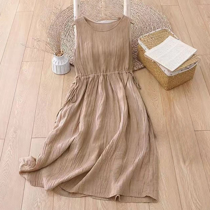 Buddha Stones Casual Plain Handmade Drawstring Waist Midi Dress Acrylic Sleeveless Dress With Pockets