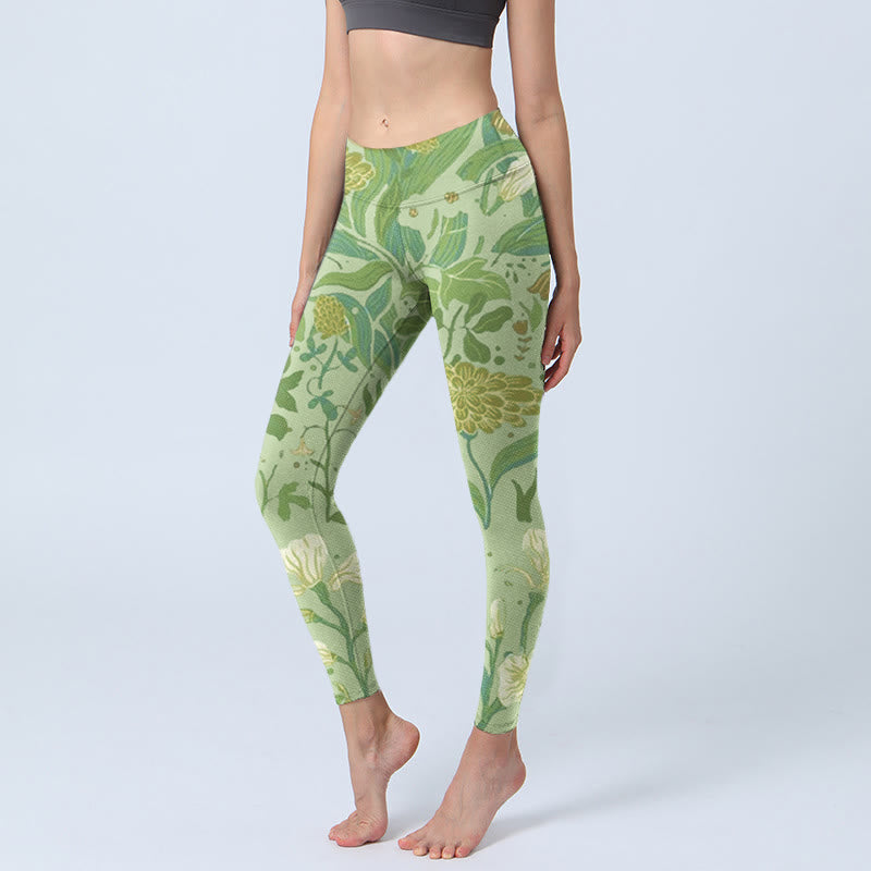Buddha Stones Various Flower Leaves Pattern Print Gym Leggings Women's Yoga Pants - PaleGreen - US18,UK/AU22,EU50 (4XL) - image 1