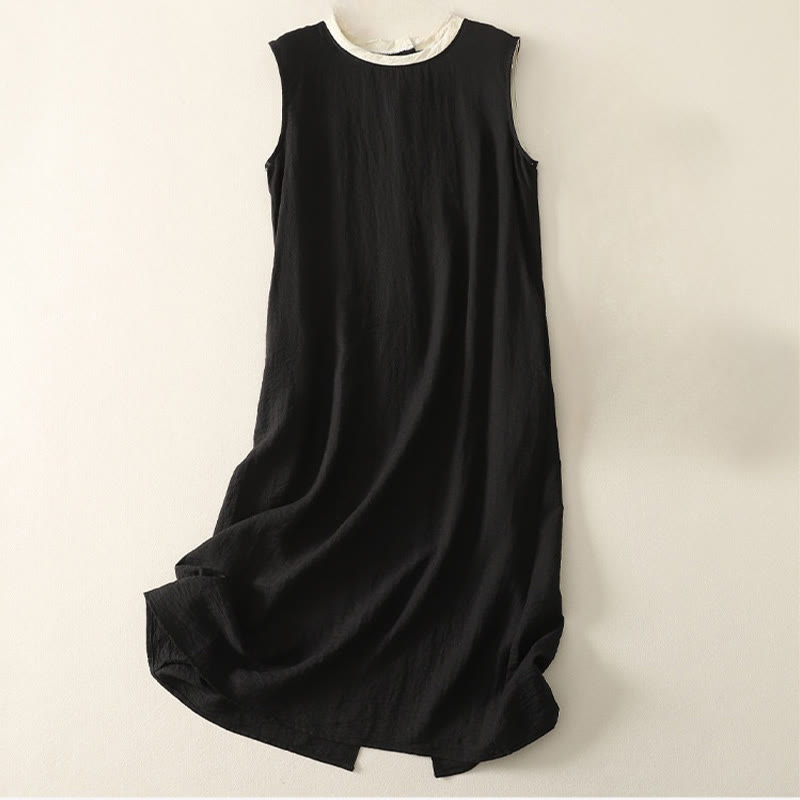 Buddha Stones Casual Stitching Color Handmade Button Design Midi Dress Polyester Sleeveless Dress With Pockets - Black - US8-10,UK/AU12-14,EU40-42 (2XL) - image 0