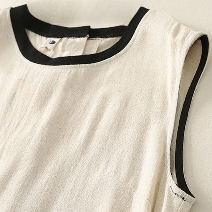 Buddha Stones Casual Stitching Color Handmade Button Design Midi Dress Polyester Sleeveless Dress With Pockets - image 8