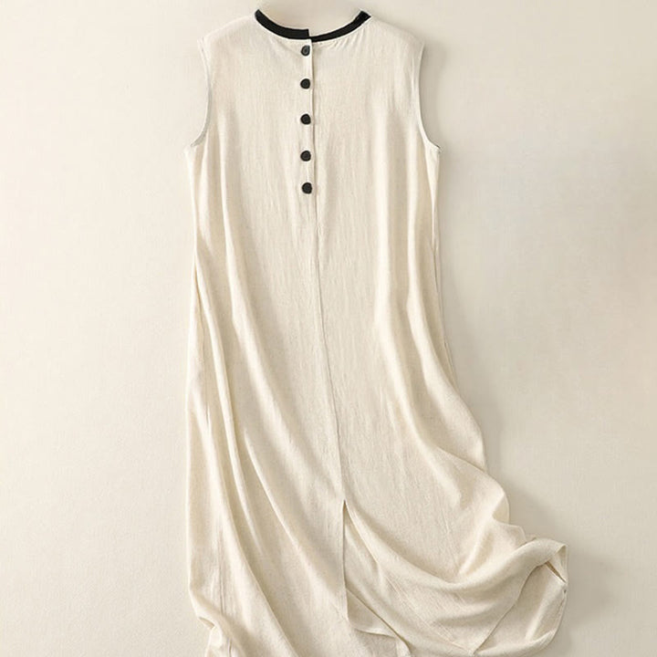 Buddha Stones Casual Stitching Color Handmade Button Design Midi Dress Polyester Sleeveless Dress With Pockets - image 6