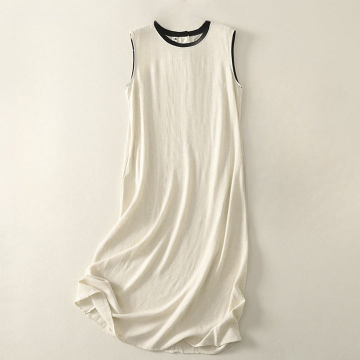 Buddha Stones Casual Stitching Color Handmade Button Design Midi Dress Polyester Sleeveless Dress With Pockets - Beige - US8-10,UK/AU12-14,EU40-42 (2XL) - image 5