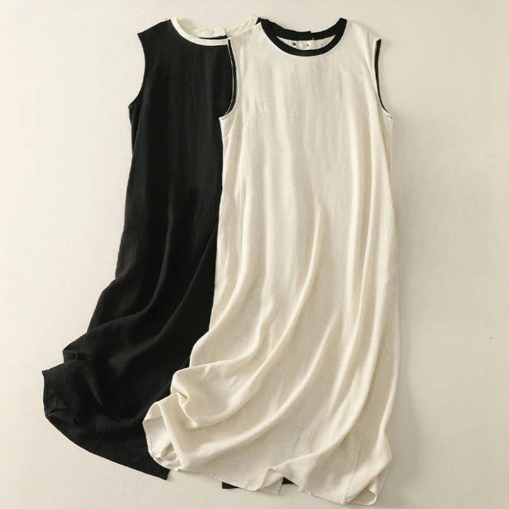 Buddha Stones Casual Stitching Color Handmade Button Design Midi Dress Polyester Sleeveless Dress With Pockets - image 15