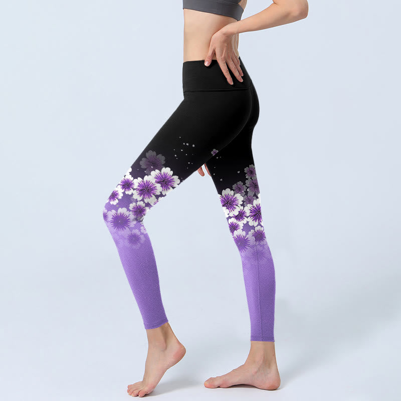 Buddha Stones White Purple Cherry Blossom Pattern Print Gym Leggings Women's Yoga Pants - image 3