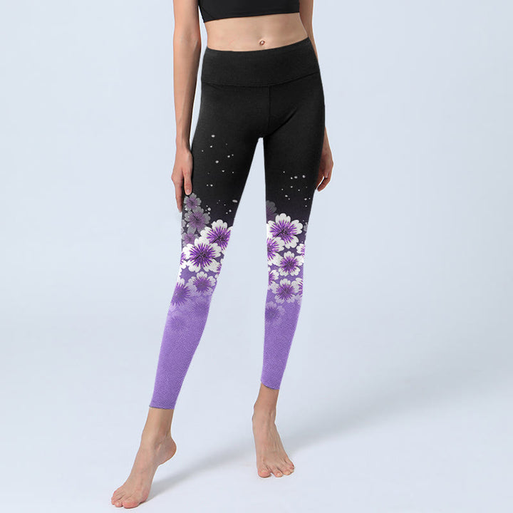 Buddha Stones White Purple Cherry Blossom Pattern Print Gym Leggings Women's Yoga Pants - image 6