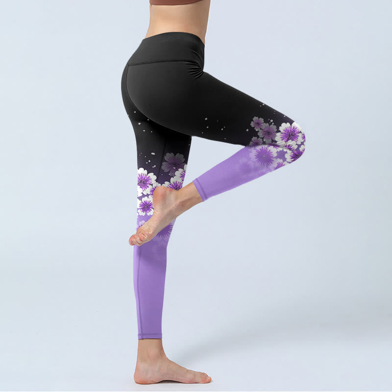 Buddha Stones White Purple Cherry Blossom Pattern Print Gym Leggings Women's Yoga Pants - image 5