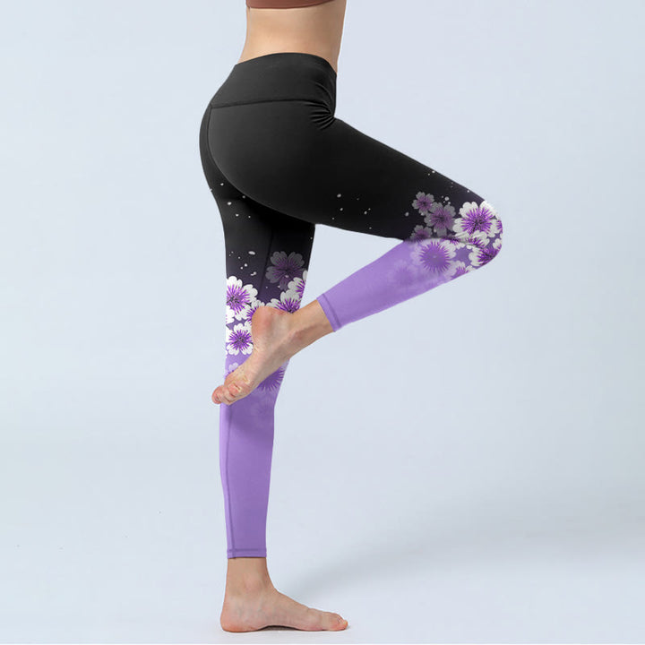 Buddha Stones White Purple Cherry Blossom Pattern Print Gym Leggings Women's Yoga Pants - image 5