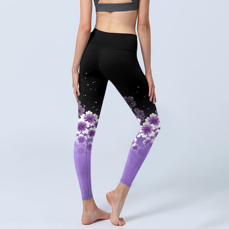 Buddha Stones White Purple Cherry Blossom Pattern Print Gym Leggings Women's Yoga Pants - image 4